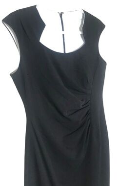 Calvin Klein Black Sheath Dress Size 12 Elegant Ruched Midi Cocktail Dress